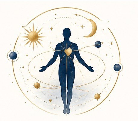 Illustration symbolique d'une silhouette entourée du soleil, de la lune et des planètes