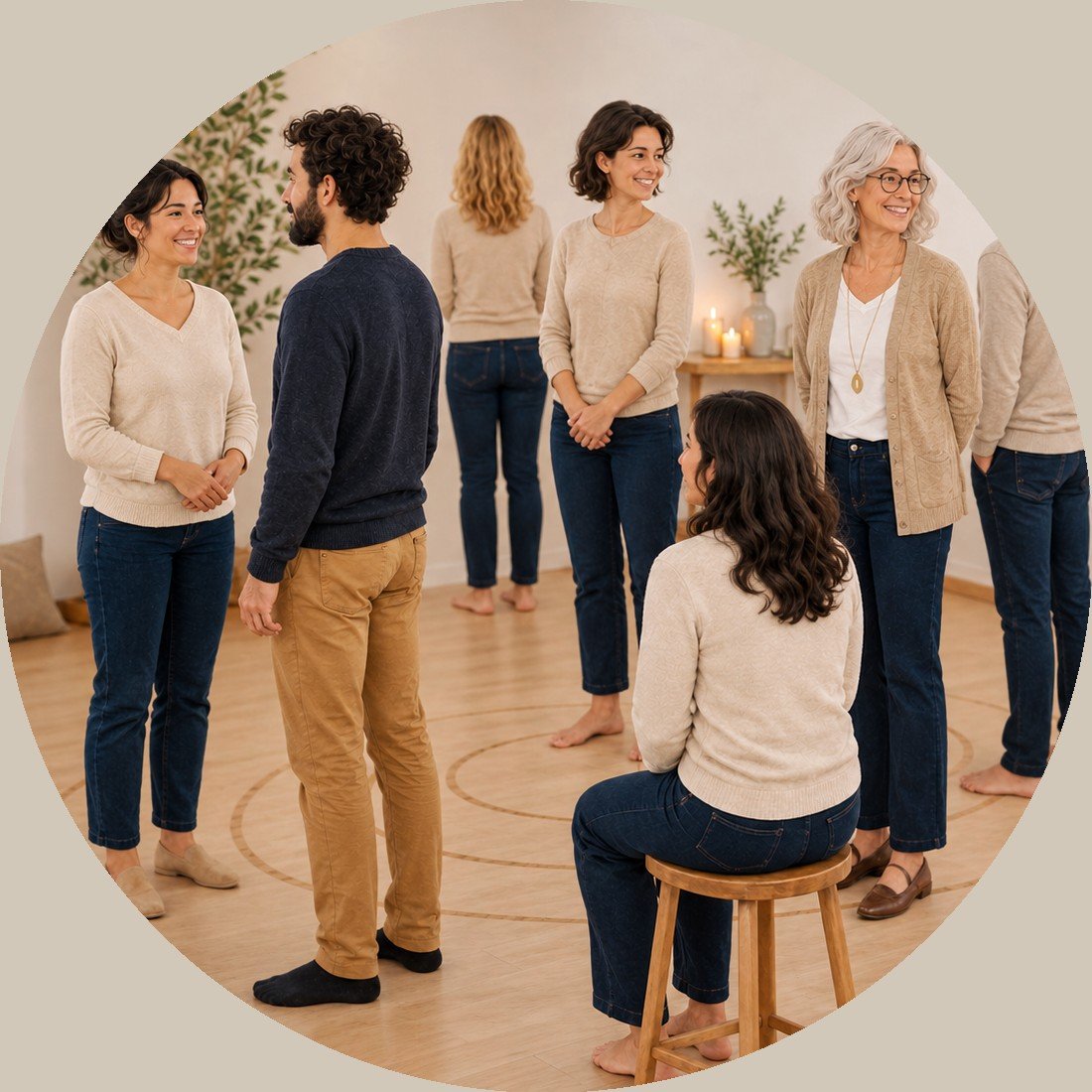 Photo : un groupe en cercle lors d'une séance de constellation familiale