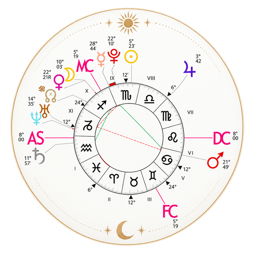 Exemple de thème astral : roue astrologique avec les positions des planètes