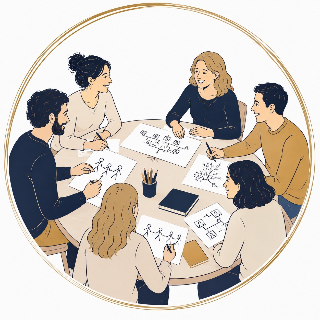 Illustration d'un atelier en petit groupe autour d'une table, avec dessins de représentation familiale et génosociogramme